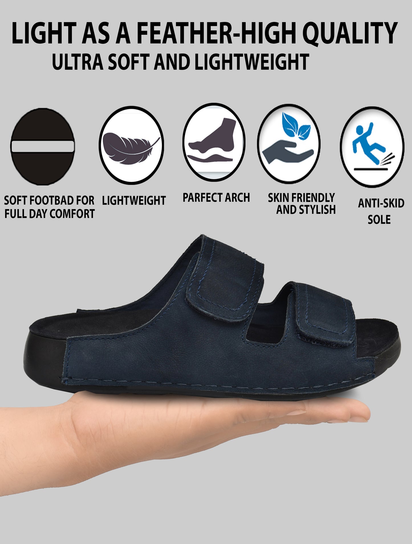 EZRO Men's Navy Blue Adjustable Comfort Slippers | Premium Dual Strap Casual Slide Slippers for Indoor & Outdoor Wear