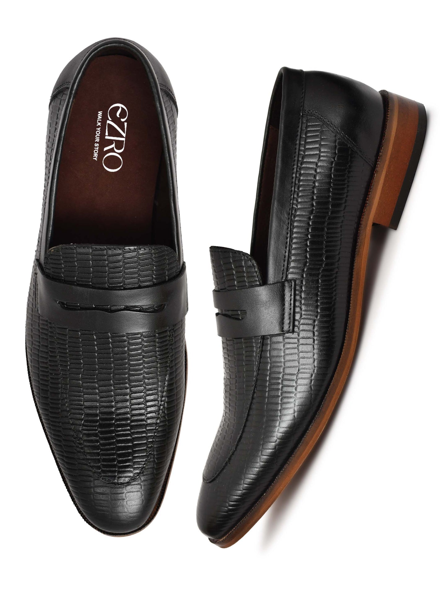 EZRO Men's Premium Black Textured Leather Penny Loafers | Slip-On Formal Dress Shoes