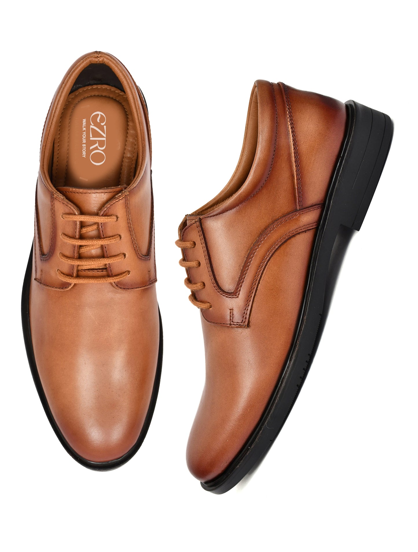 EZRO Men's Tan Genuine Leather Derby Formal Shoes | Classic Lace-Up Office Dress Shoes