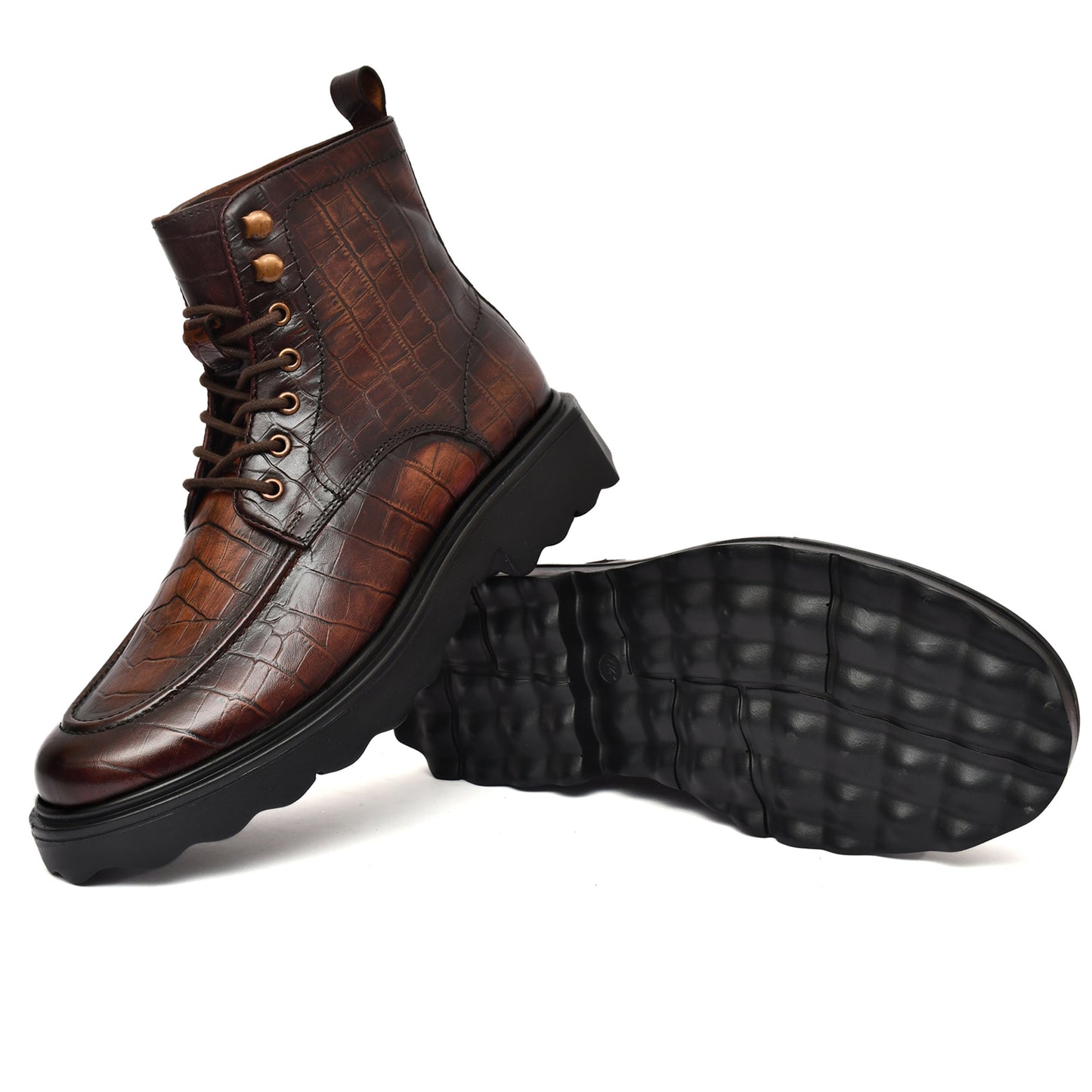 EZRO Men's Brown Crocodile Texture Combat Boots | Premium Lace-Up Ankle Boots for Casual, Biker & Outdoor Wear