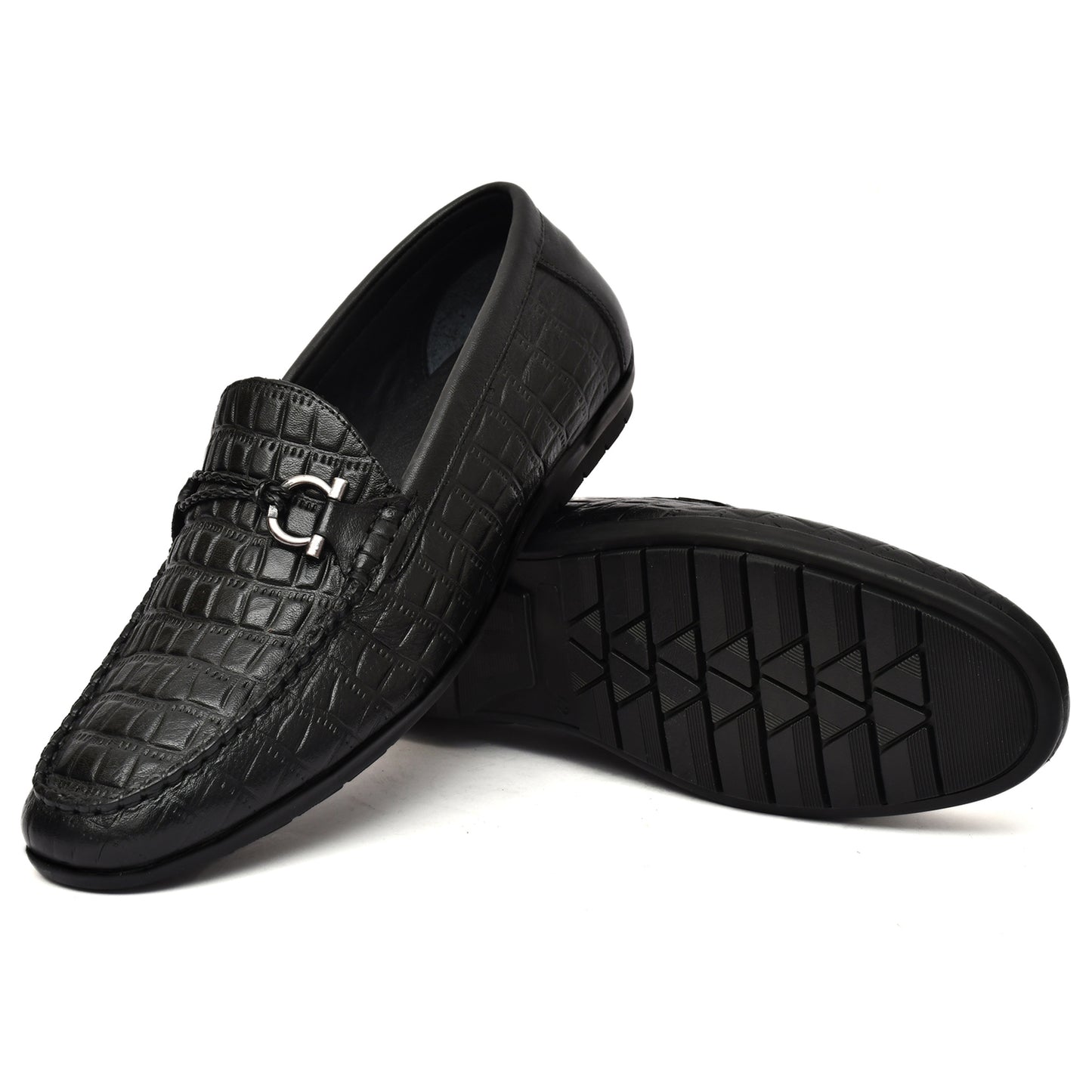 EZRO Men's Black Crocodile Texture Horsebit Loafers | Premium Slip-On Formal & Casual Driving Shoes