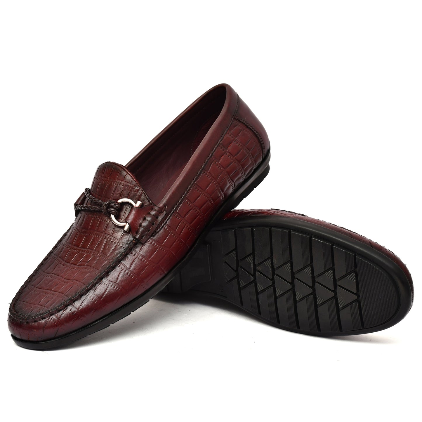 EZRO Men's Wine Crocodile Texture Horsebit Loafers | Premium Slip-On Formal & Casual Driving Shoes