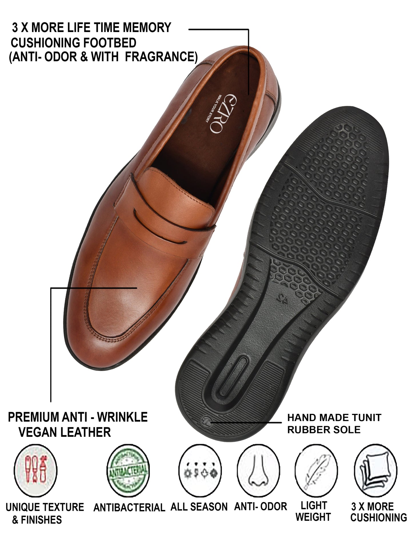 EZRO Men's Premium Tan Loafers | Classic Slip-On Formal & Casual Shoes for Office and Party