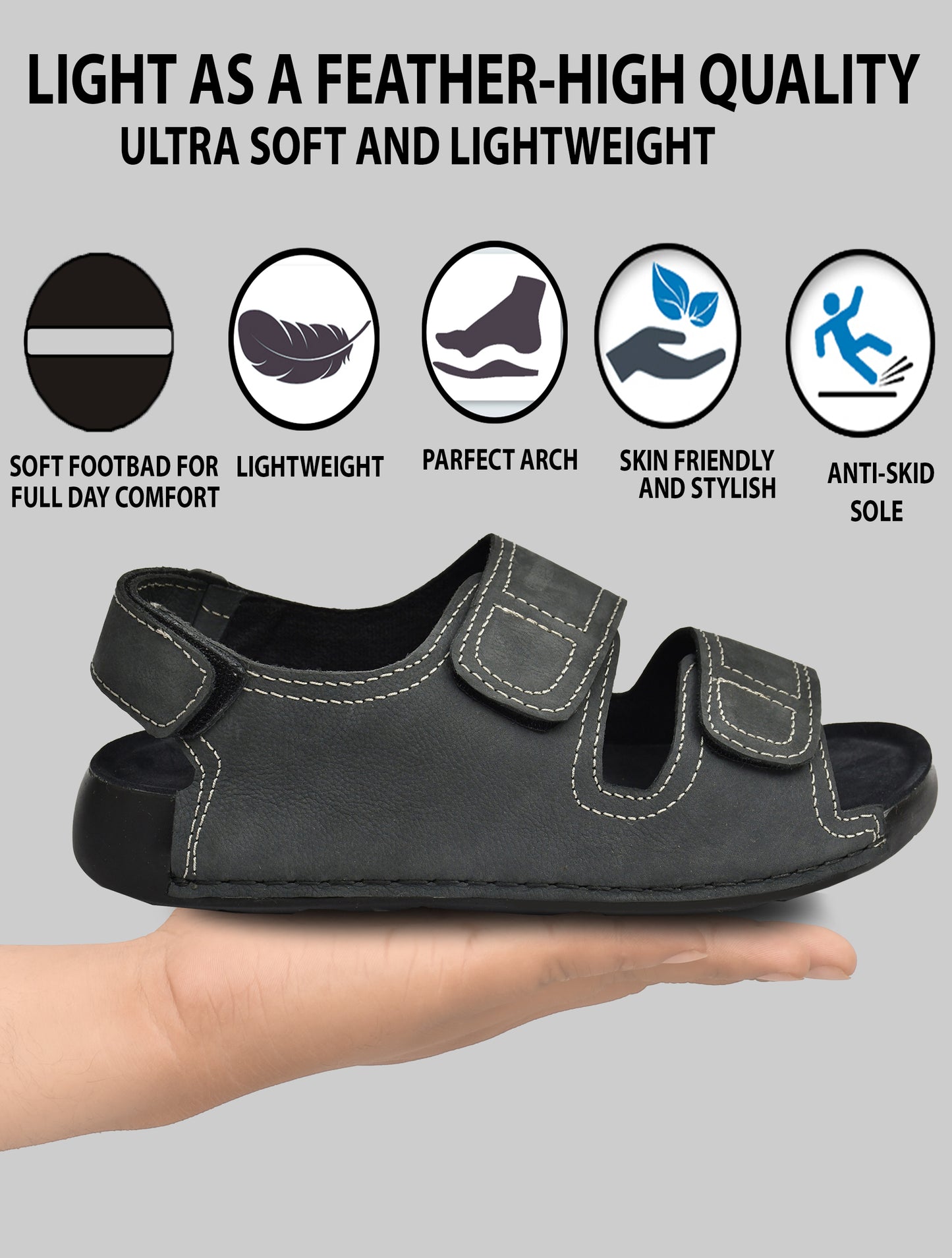 EZRO Men's Grey Adjustable Comfort Sandals | Lightweight Hook & Loop Casual Outdoor Walking Sandals