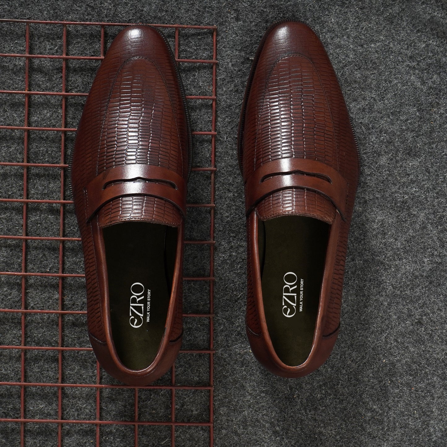EZRO Men's Premium Blrown Textured Leather Penny Loafers | Slip-On Formal Dress Shoes