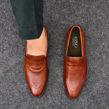 EZRO Men's Premium Tan Textured Leather Penny Loafers | Slip-On Formal Dress Shoes
