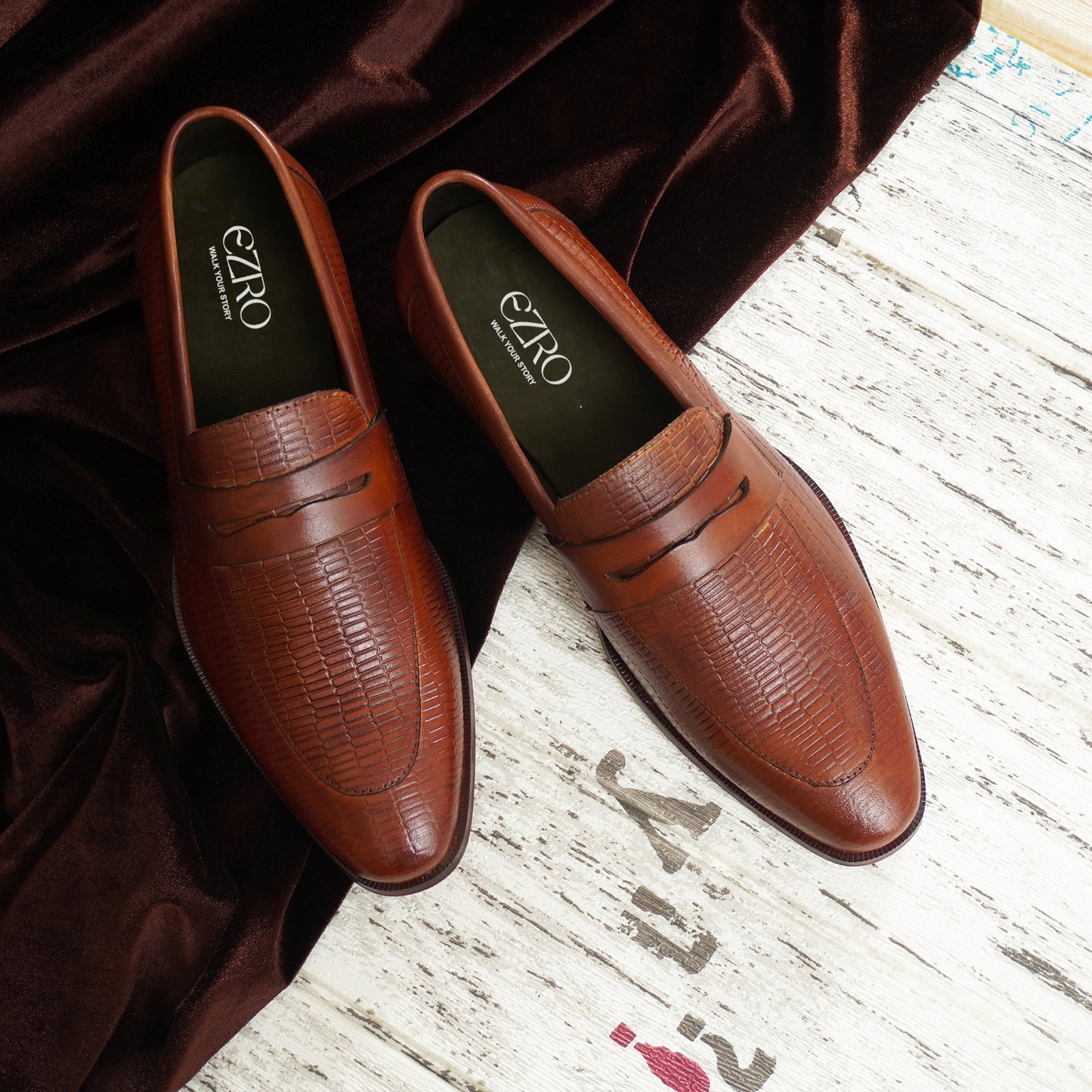 EZRO Men's Premium Tan Textured Leather Penny Loafers | Slip-On Formal Dress Shoes