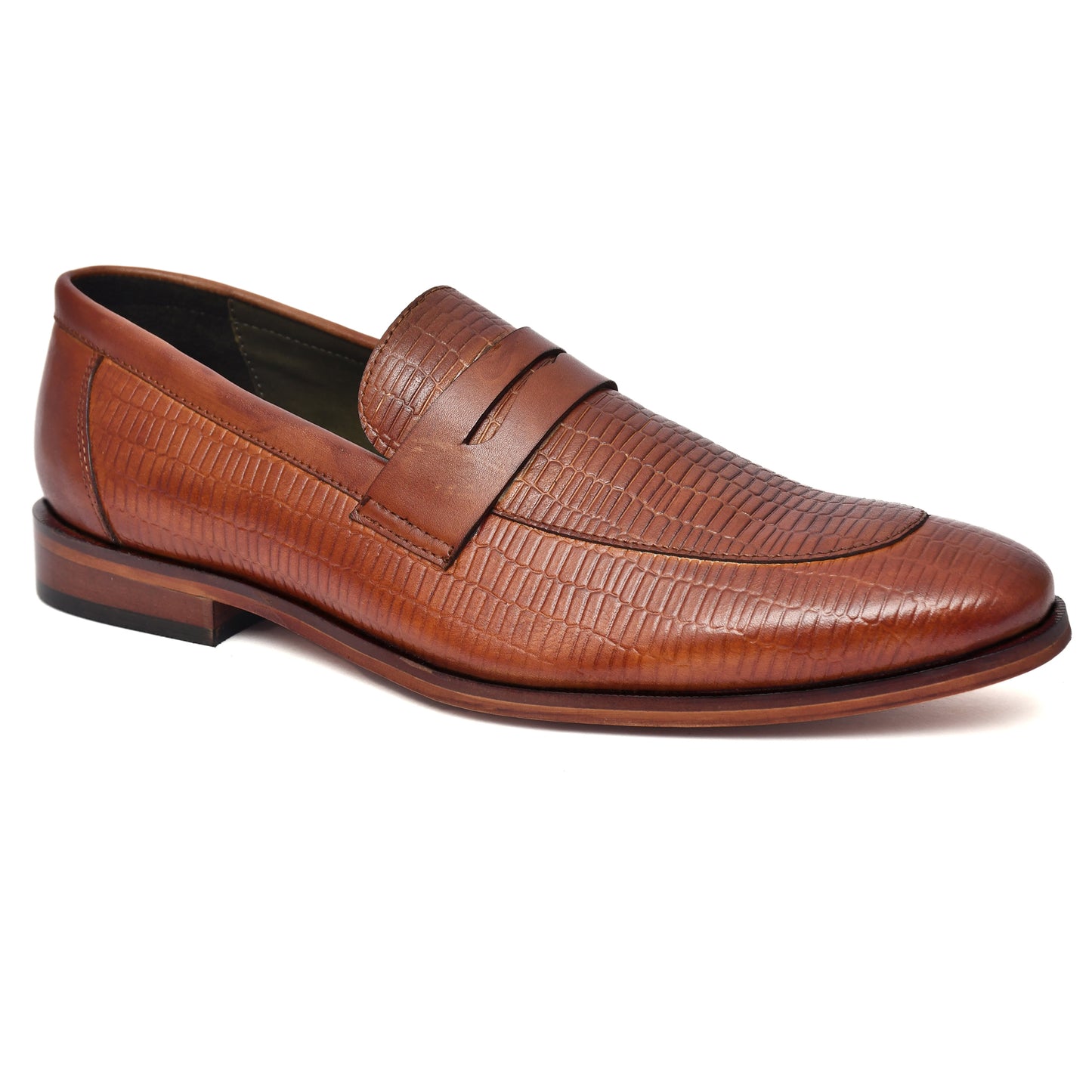 EZRO Men's Premium Tan Textured Leather Penny Loafers | Slip-On Formal Dress Shoes