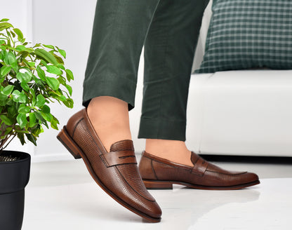 EZRO Men's Premium Blrown Textured Leather Penny Loafers | Slip-On Formal Dress Shoes