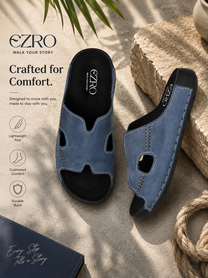 EZRO Men's Blue Comfort Slippers | Premium Open-Toe Casual Slip-On Slippers for Home & Everyday Wear