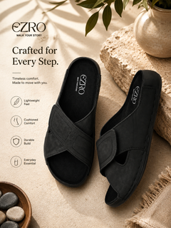 EZRO Men's Black Adjustable Comfort Slippers | Lightweight Casual Slide Sandals for Everyday Wear