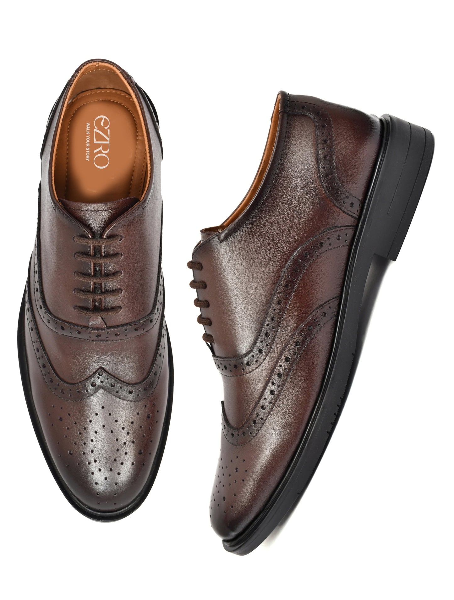 EZRO Premium Brown Leather Brogue Oxford Shoes for Men