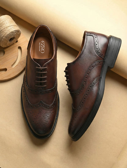 EZRO Premium Brown Leather Brogue Oxford Shoes for Men