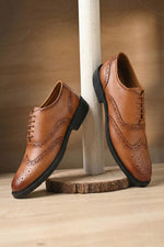 EZRO Men's Tan Leather Wingtip Oxford Brogue Shoes