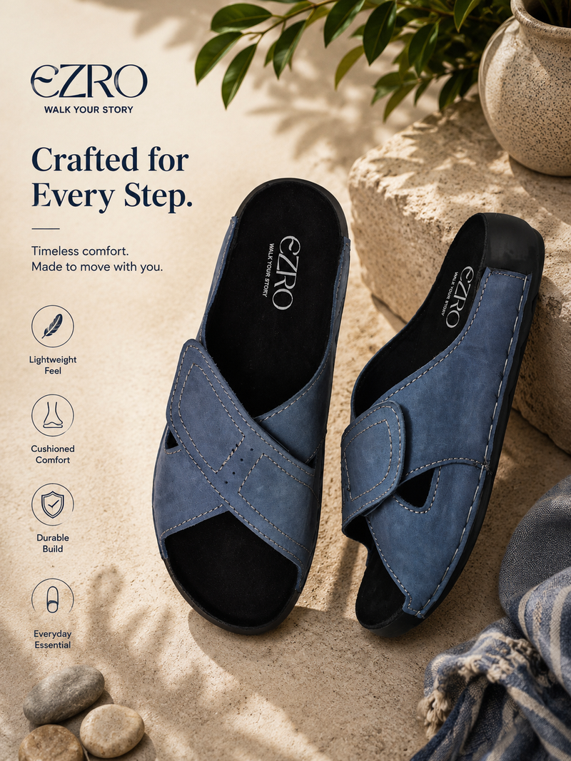EZRO Men's Blue Adjustable Comfort Slippers | Lightweight Casual Slide Sandals for Everyday Wear