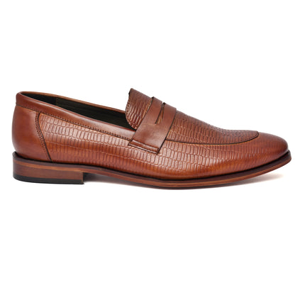 EZRO Men's Premium Tan Textured Leather Penny Loafers | Slip-On Formal Dress Shoes