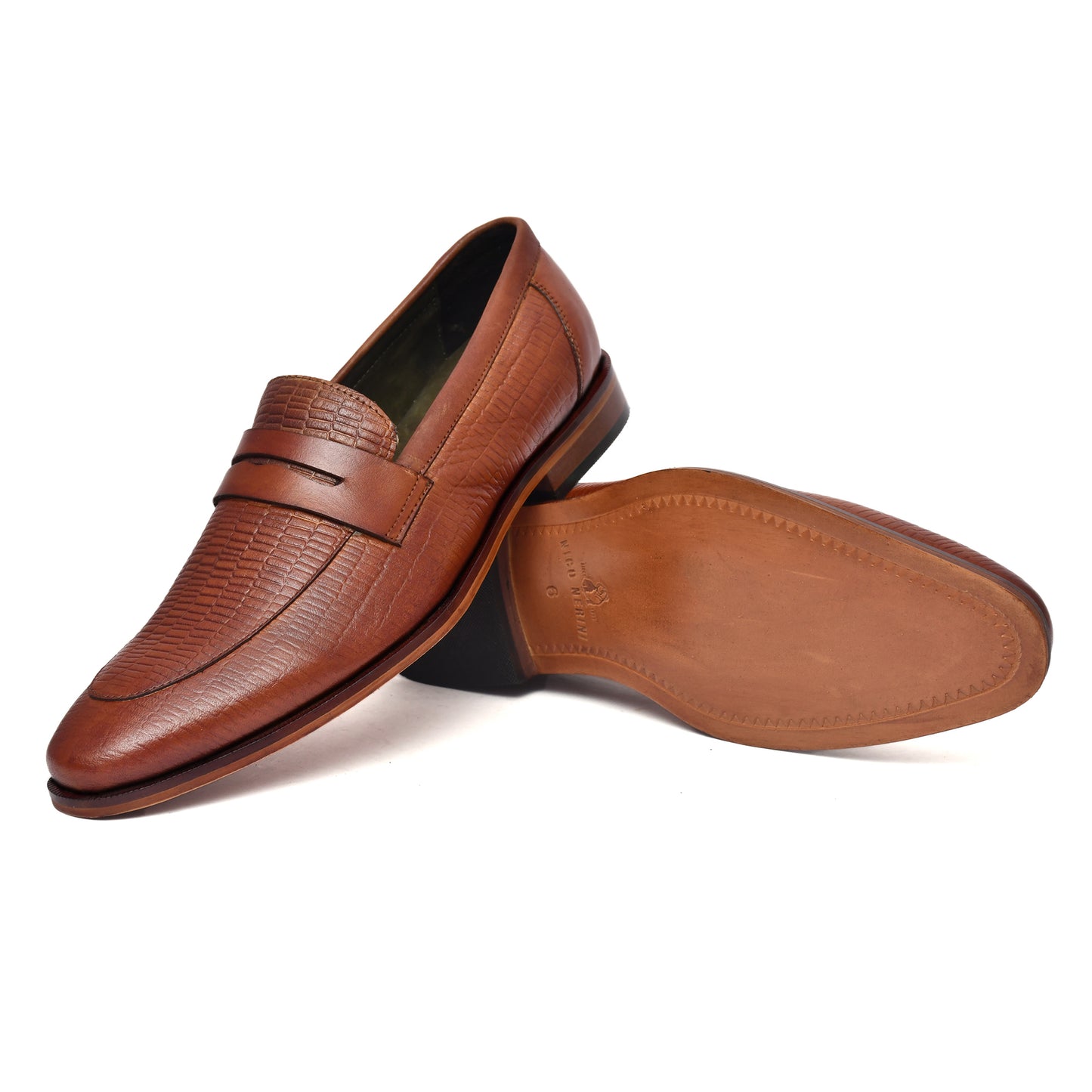 EZRO Men's Premium Tan Textured Leather Penny Loafers | Slip-On Formal Dress Shoes