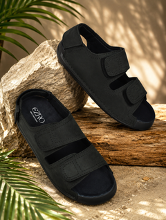 EZRO Men's Black Adjustable Comfort Sandals | Lightweight Hook & Loop Casual Outdoor Walking Sandals