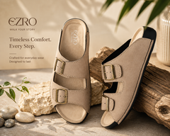 EZRO Men's Beige Adjustable Double Buckle Comfort Slippers | Casual Open-Toe Slip-On Sandals