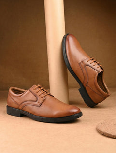 EZRO Men's Tan Genuine Leather Derby Formal Shoes | Classic Lace-Up Office Dress Shoes