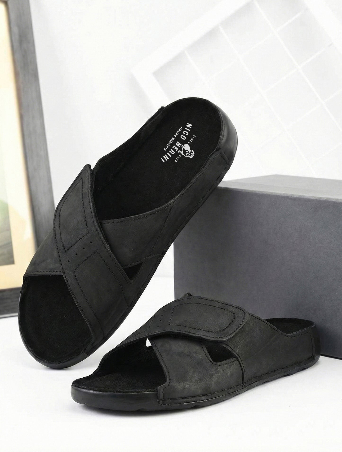 EZRO Men's Black Adjustable Comfort Slippers | Lightweight Casual Slide Sandals for Everyday Wear