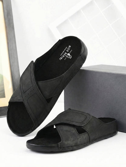 EZRO Men's Black Adjustable Comfort Slippers | Lightweight Casual Slide Sandals for Everyday Wear