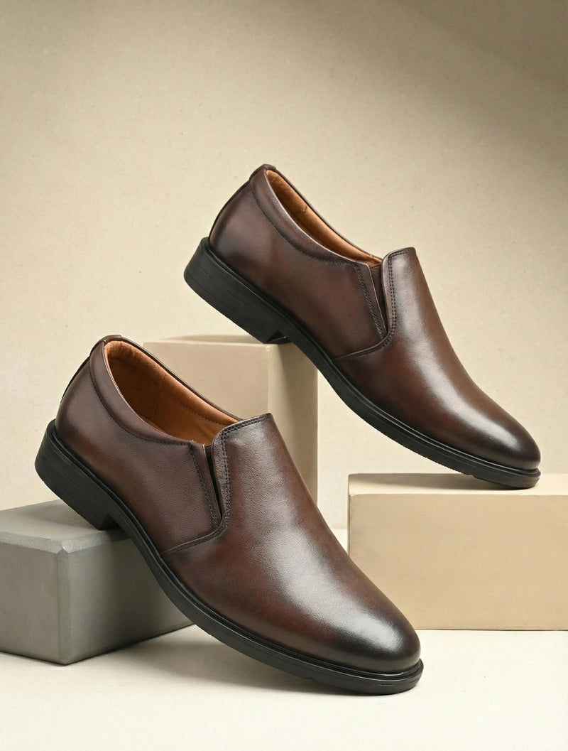 EZRO Men's Classic Brown Leather Slip-On Formal Shoes