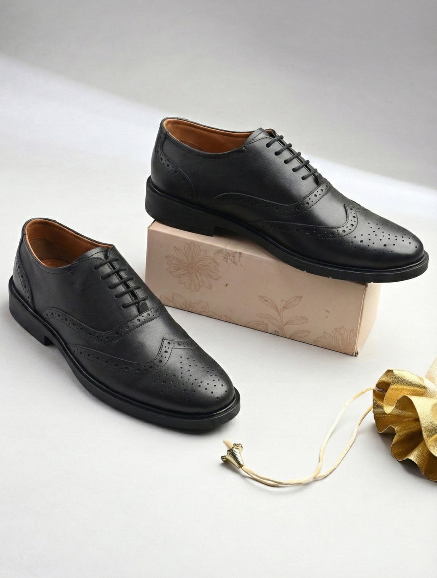 EZRO Men's Black Genuine Leather Oxford Formal Shoes | Premium Wingtip Lace-Up Dress Shoes