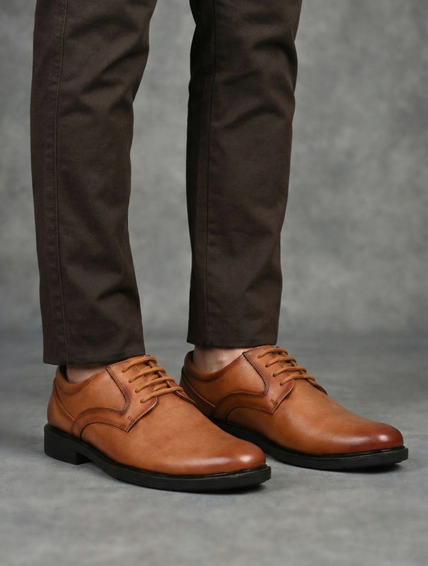EZRO Men's Tan Genuine Leather Derby Formal Shoes | Classic Lace-Up Office Dress Shoes
