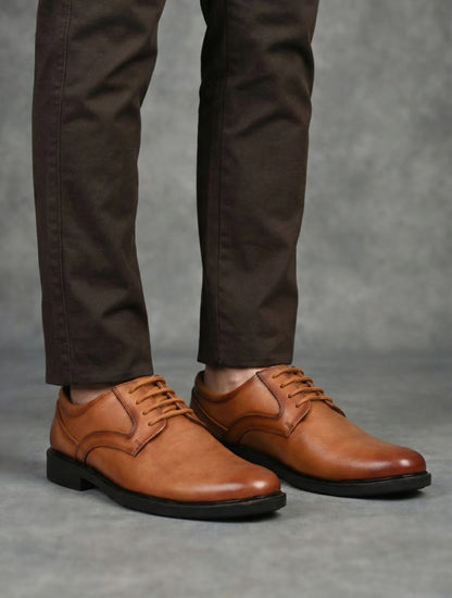 EZRO Men's Tan Genuine Leather Derby Formal Shoes | Classic Lace-Up Office Dress Shoes