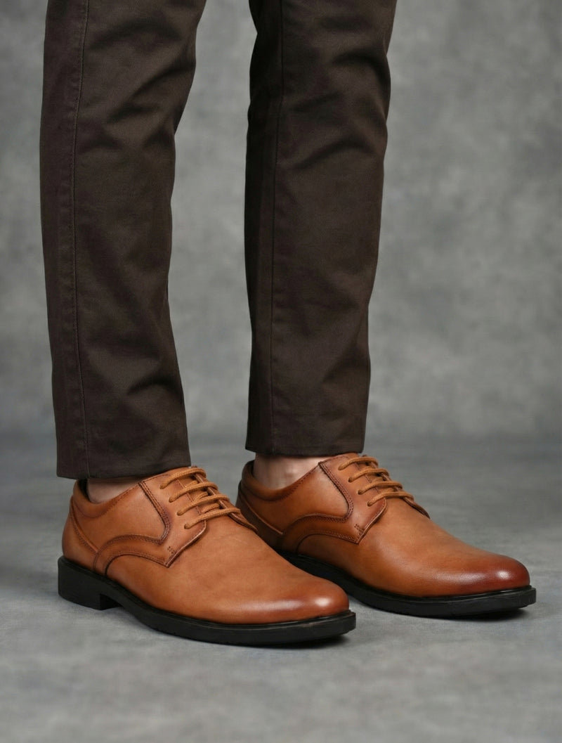 EZRO Men's Tan Genuine Leather Derby Formal Shoes | Classic Lace-Up Office Dress Shoes
