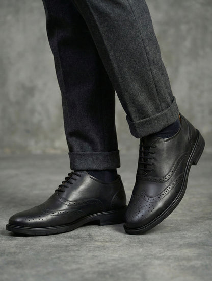EZRO Men's Black Genuine Leather Oxford Formal Shoes | Premium Wingtip Lace-Up Dress Shoes