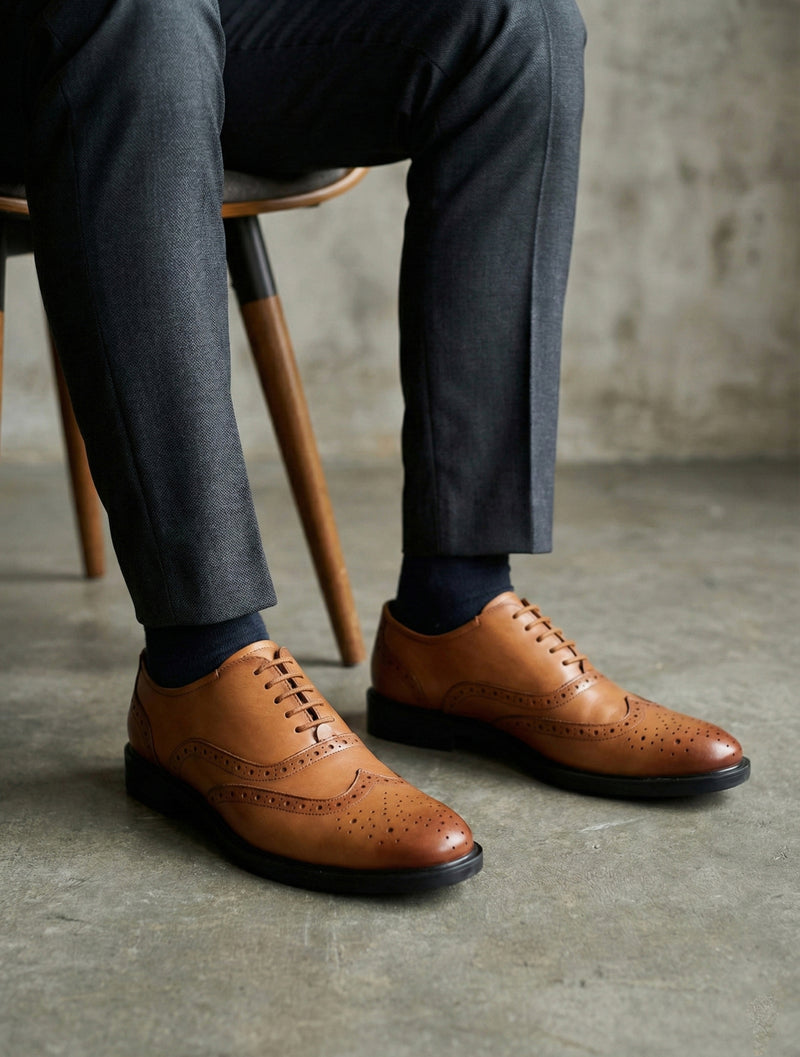 EZRO Men's Tan Leather Wingtip Oxford Formal Shoes