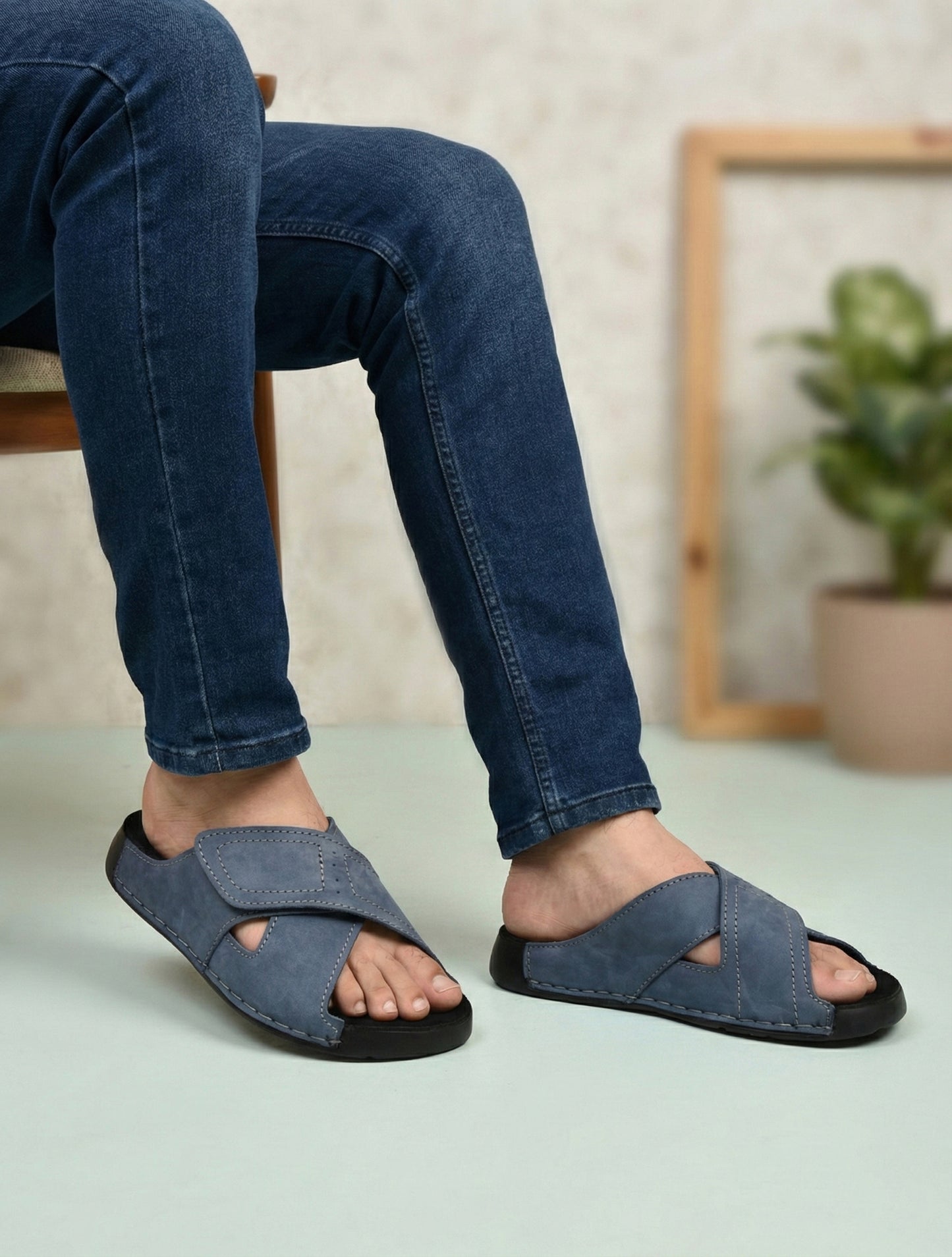 EZRO Men's Blue Adjustable Comfort Slippers | Lightweight Casual Slide Sandals for Everyday Wear