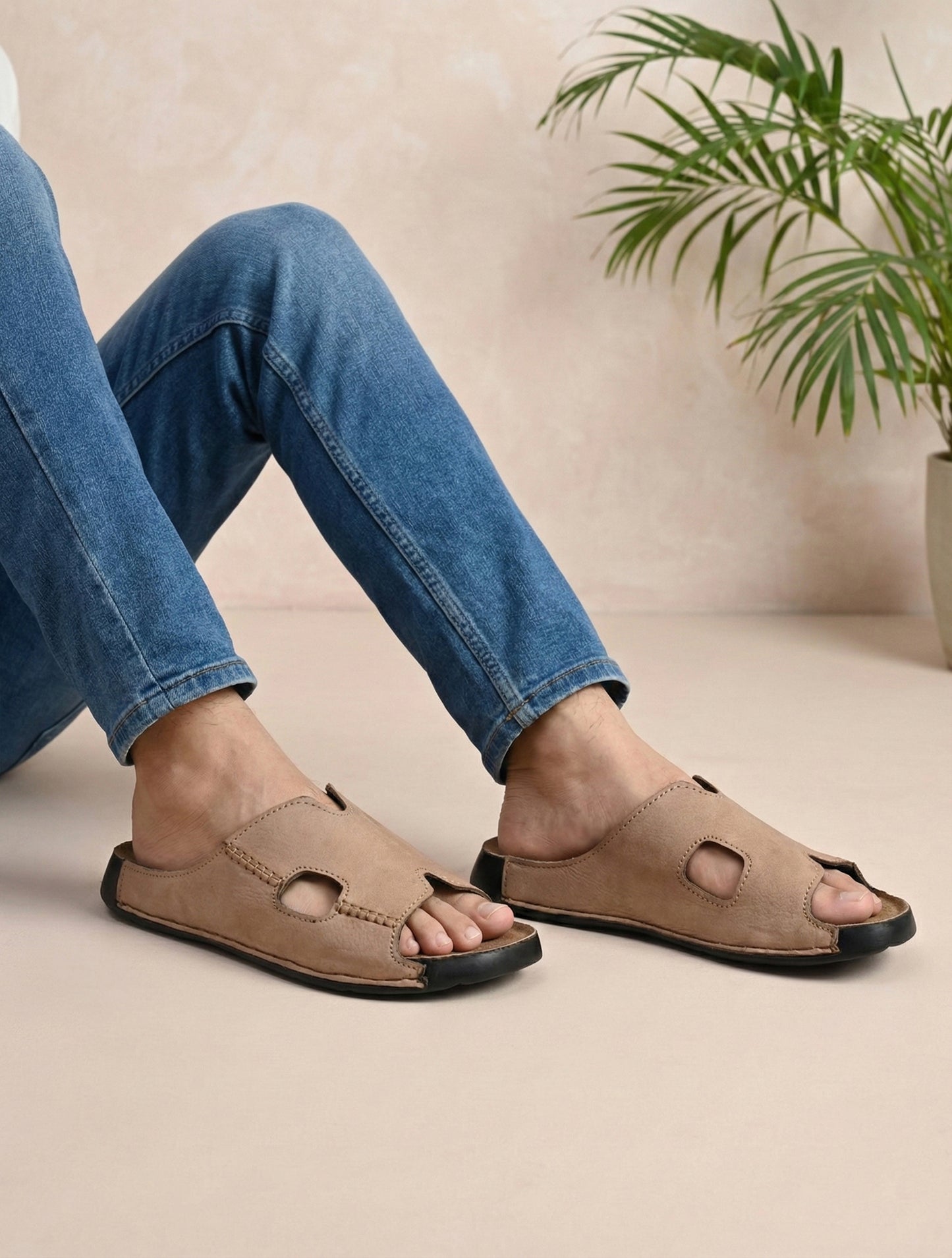 EZRO Men's Brown Comfort Slippers | Premium Open-Toe Casual Slip-On Slippers for Home & Everyday Wear