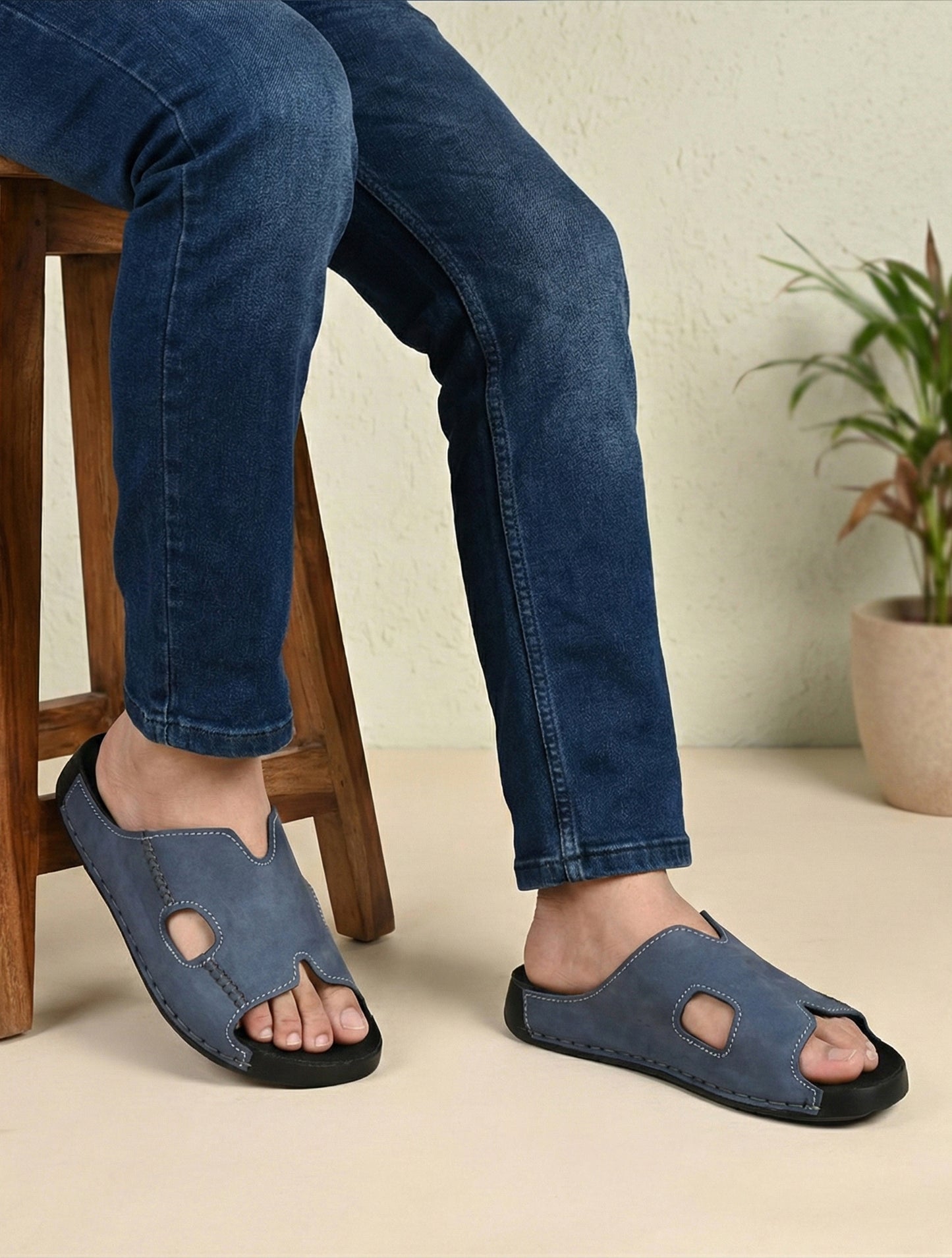 EZRO Men's Blue Comfort Slippers | Premium Open-Toe Casual Slip-On Slippers for Home & Everyday Wear