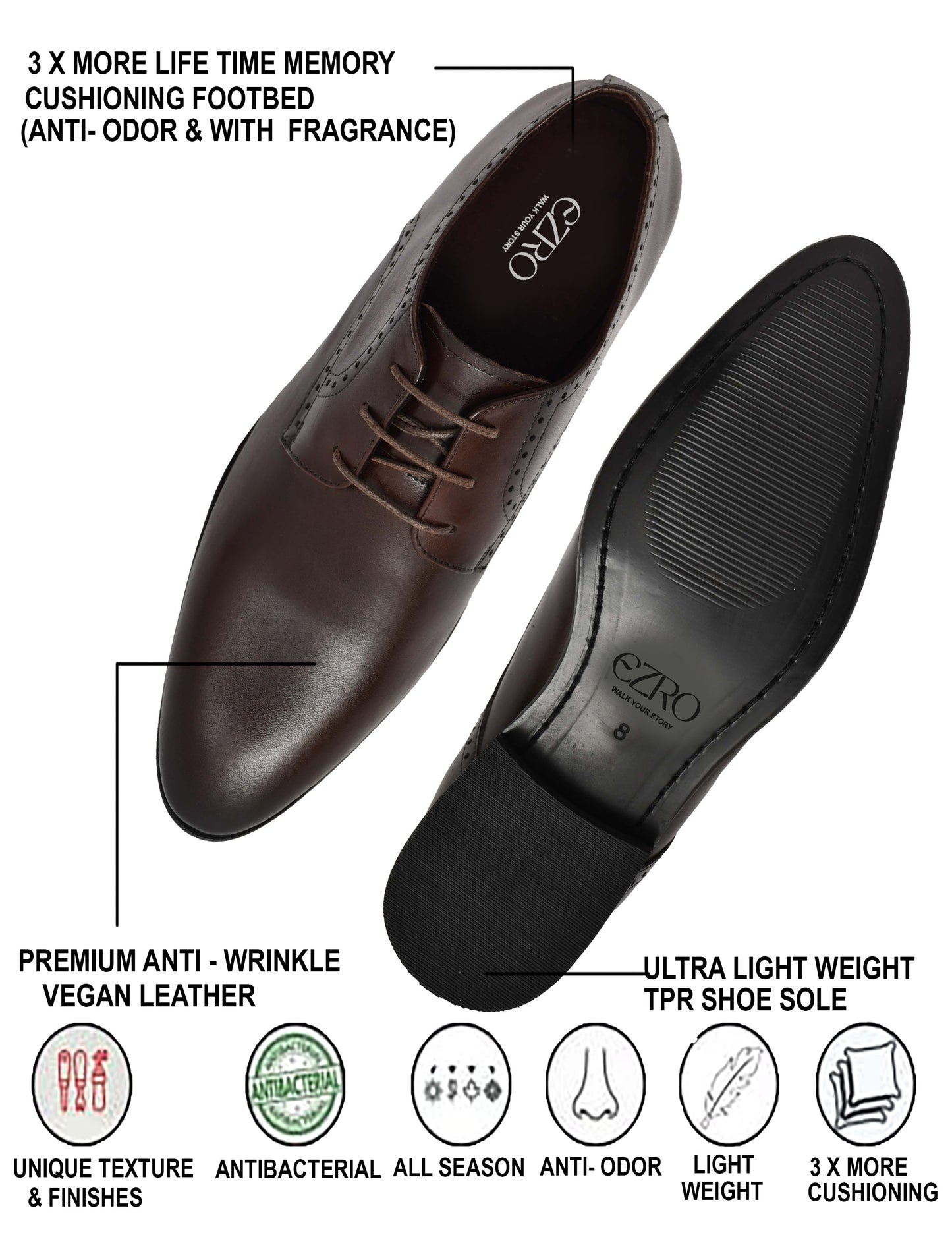 EZRO Men's Classic Brown Leather Derby Dress Shoes