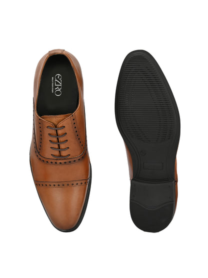 EZRO Men's Premium Tan Leather Oxford Formal Shoes | Classic Cap Toe Lace-Up Dress Shoes