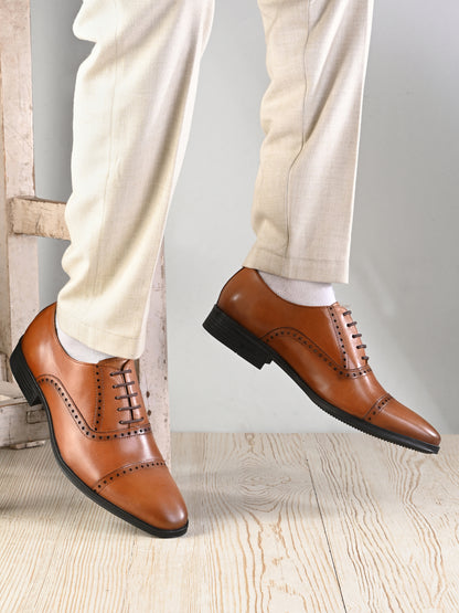 EZRO Men's Premium Tan Leather Oxford Formal Shoes | Classic Cap Toe Lace-Up Dress Shoes
