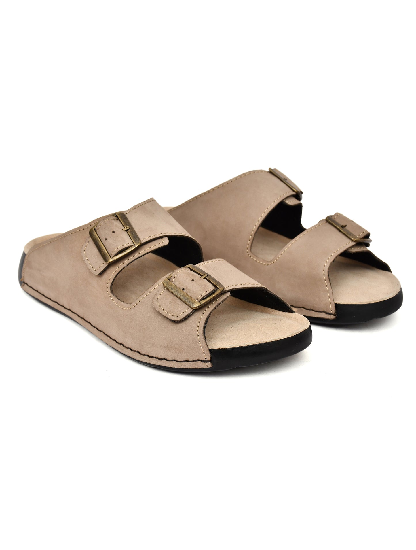 EZRO Men's Beige Adjustable Double Buckle Comfort Slippers | Casual Open-Toe Slip-On Sandals