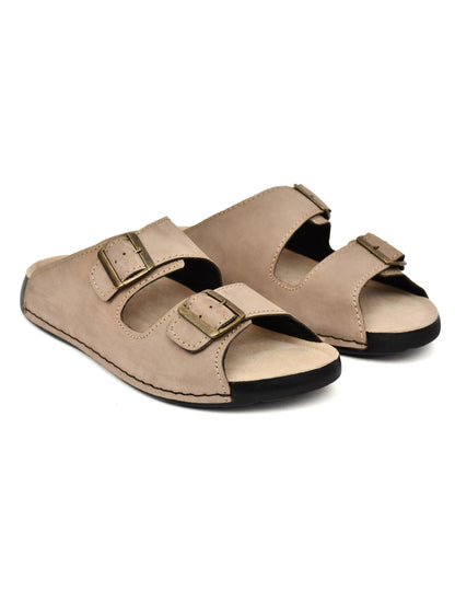 EZRO Men's Beige Adjustable Double Buckle Comfort Slippers | Casual Open-Toe Slip-On Sandals