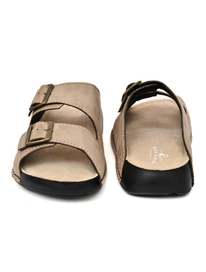 EZRO Men's Beige Adjustable Double Buckle Comfort Slippers | Casual Open-Toe Slip-On Sandals