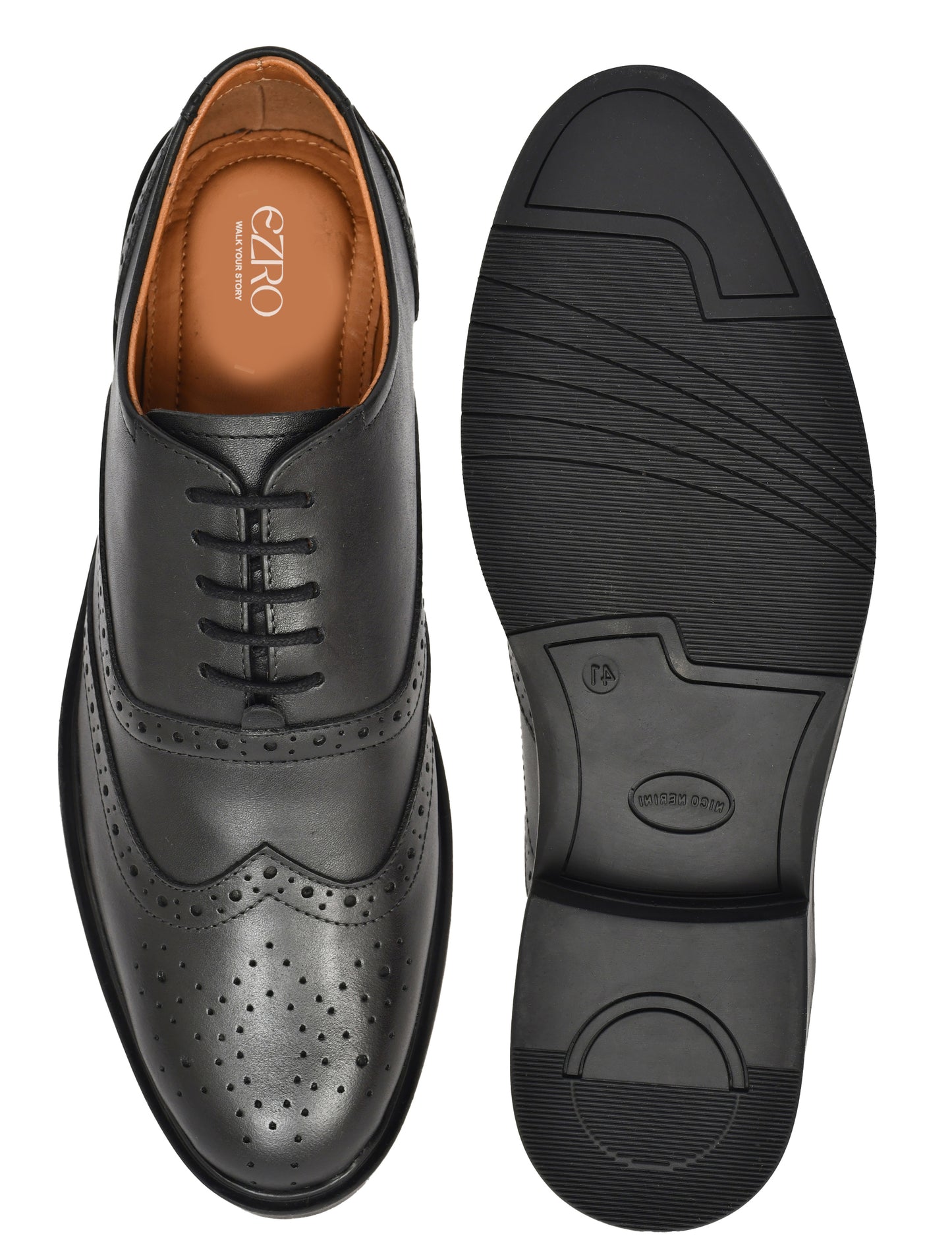 EZRO Men's Black Genuine Leather Oxford Formal Shoes | Premium Wingtip Lace-Up Dress Shoes