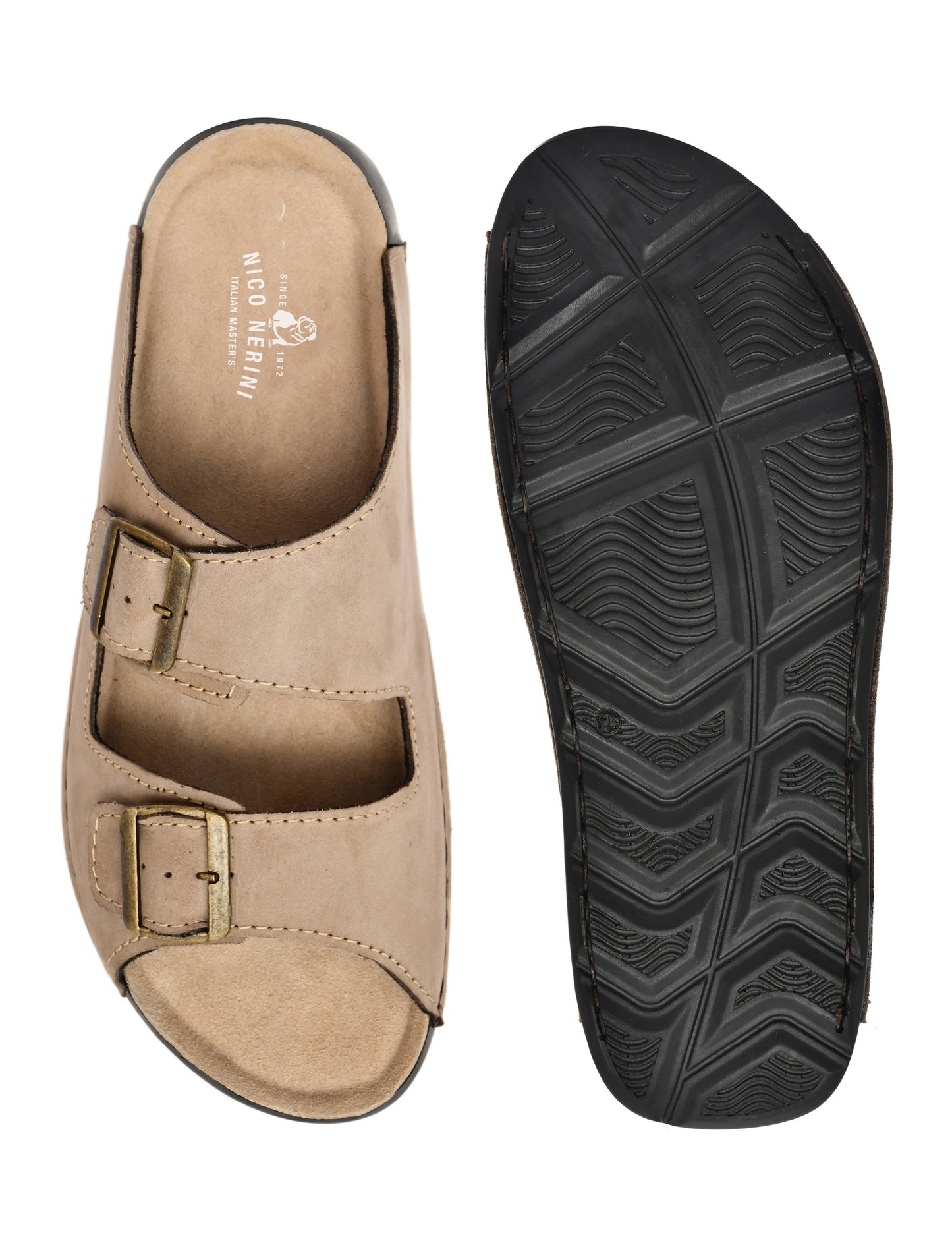 EZRO Men's Beige Adjustable Double Buckle Comfort Slippers | Casual Open-Toe Slip-On Sandals