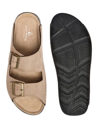 EZRO Men's Beige Adjustable Double Buckle Comfort Slippers | Casual Open-Toe Slip-On Sandals