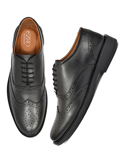 EZRO Men's Black Genuine Leather Oxford Formal Shoes | Premium Wingtip Lace-Up Dress Shoes
