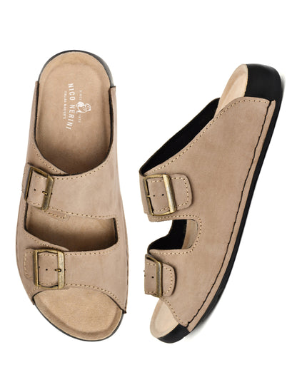 EZRO Men's Beige Adjustable Double Buckle Comfort Slippers | Casual Open-Toe Slip-On Sandals