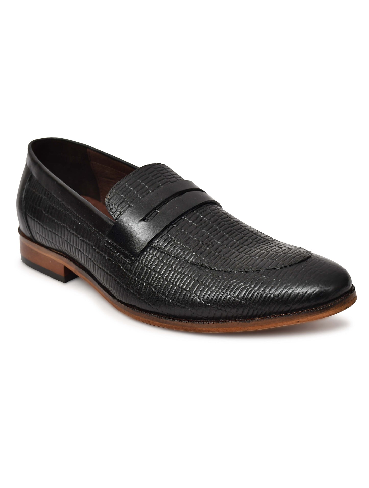 EZRO Men's Premium Black Textured Leather Penny Loafers | Slip-On Formal Dress Shoes