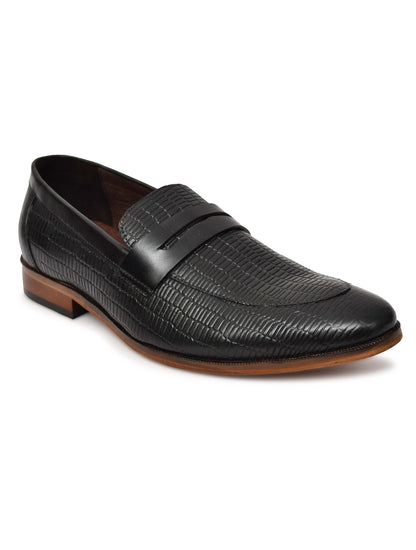 EZRO Men's Premium Black Textured Leather Penny Loafers | Slip-On Formal Dress Shoes