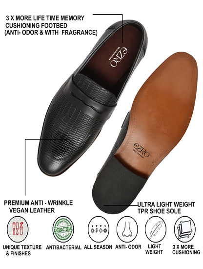 EZRO Men's Premium Black Textured Leather Penny Loafers | Slip-On Formal Dress Shoes
